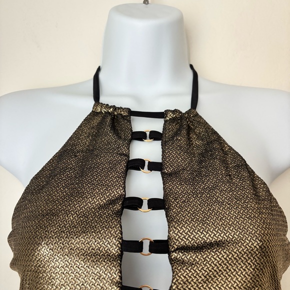 Beach Bunny Pirates Booty High Neck Halter Swim Top Size Large NEW Gold Black - Picture 4 of 12